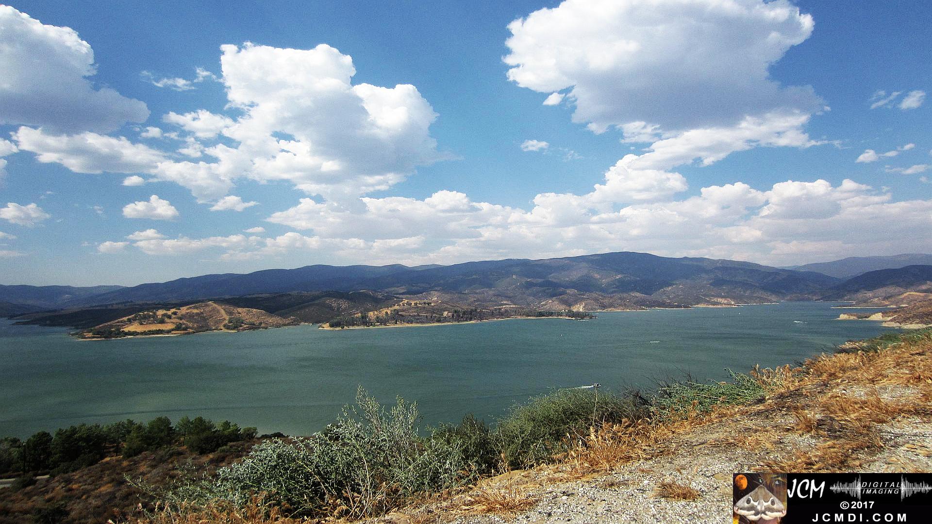 Castaic Lake near capacity in Sep 2017 under beautiful partly cloudy skies